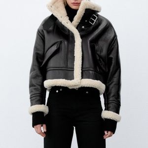 Faux Leather Fleece Collar Jacket